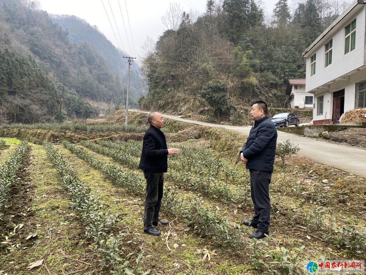 小富沟村干部潘运明(左)向记者介绍产业发展情况